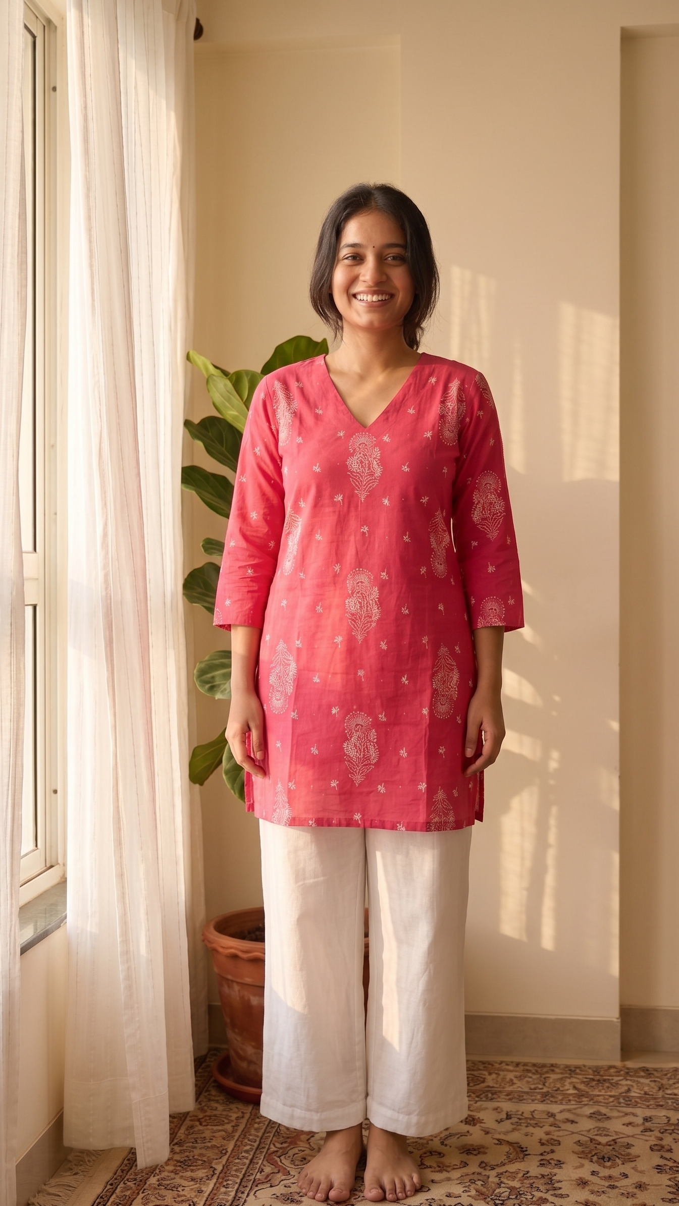 Woman wearing a pink kurta with white patterns and white pants standing in a room with a window and plant.