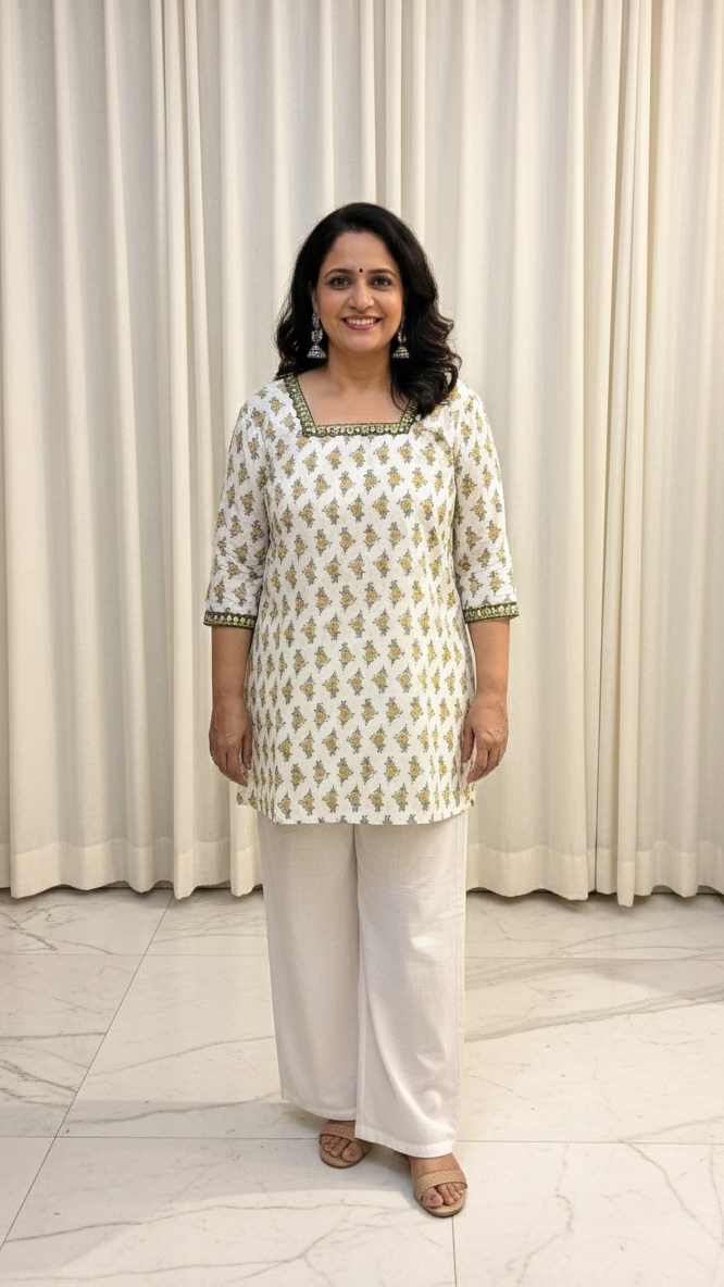 Woman in a white and green patterned top with white pants standing in front of white curtains.