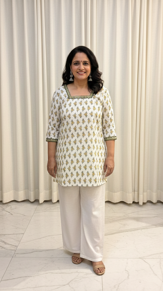 Woman in a white and green patterned top with white pants standing in front of white curtains.