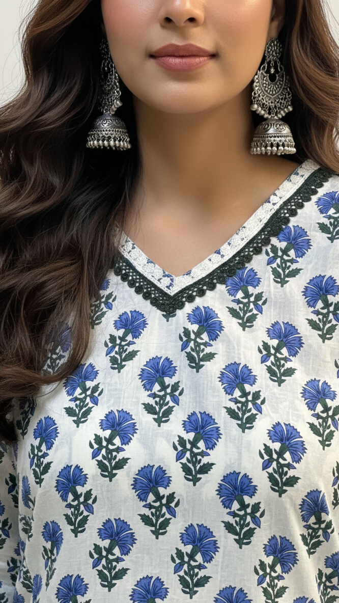 Woman wearing a white blouse with blue floral pattern and silver earrings.