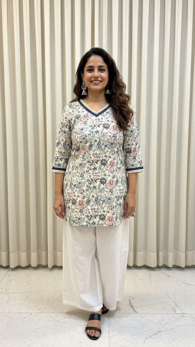 Woman wearing a floral kurta with white pants against a beige curtain background