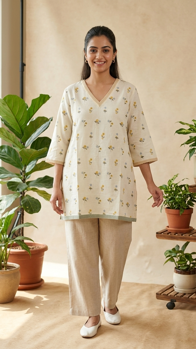 Woman standing in a room with plants, wearing a light-colored floral top and beige pants.