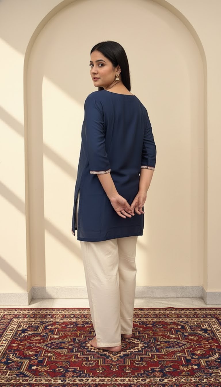 Woman wearing a navy blue kurta with white pants standing in front of an archway.