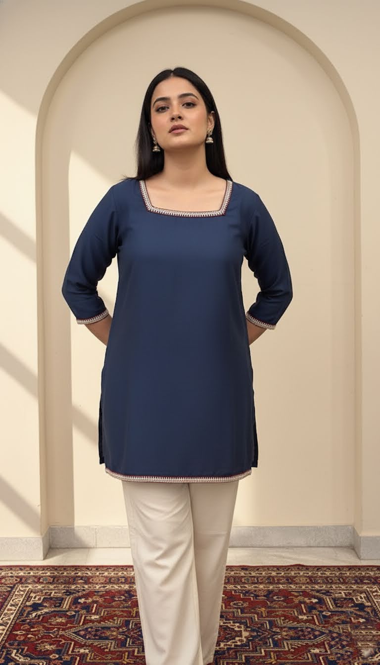Woman wearing a blue top and white pants standing in front of an archway.