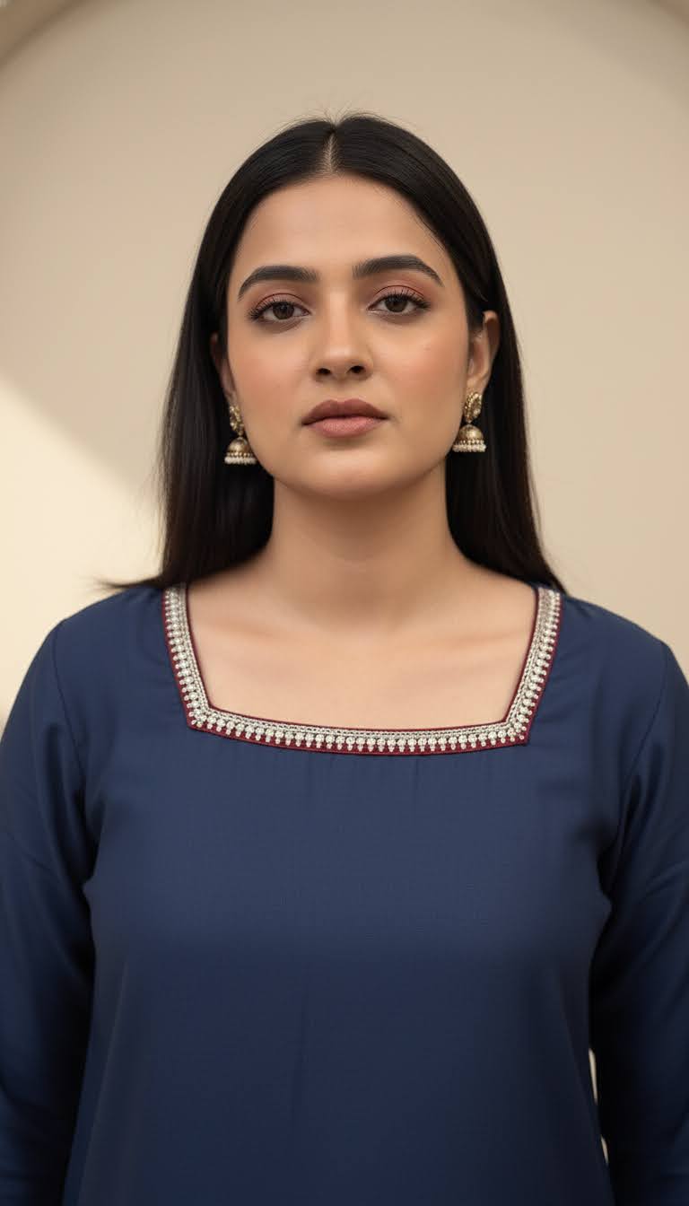 Woman wearing a blue top with decorative neckline against a beige background