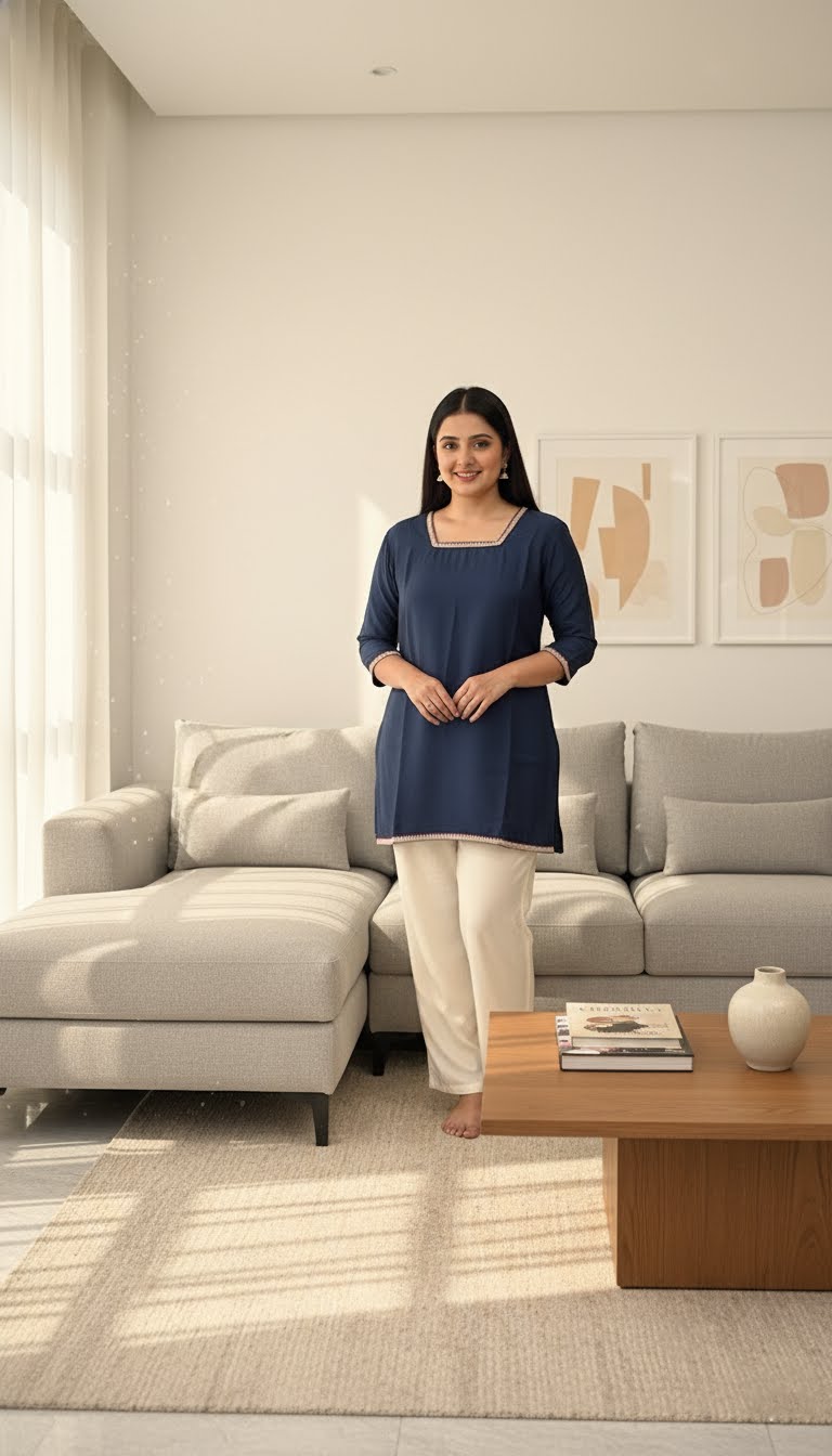 Woman standing in a modern living room with a gray sofa and coffee table.