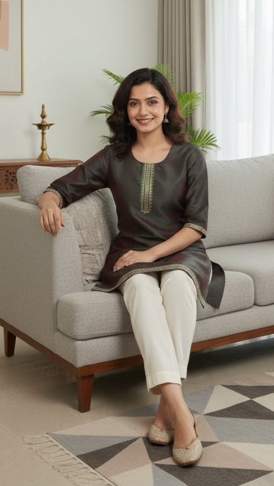 Woman sitting on a gray sofa in a living room